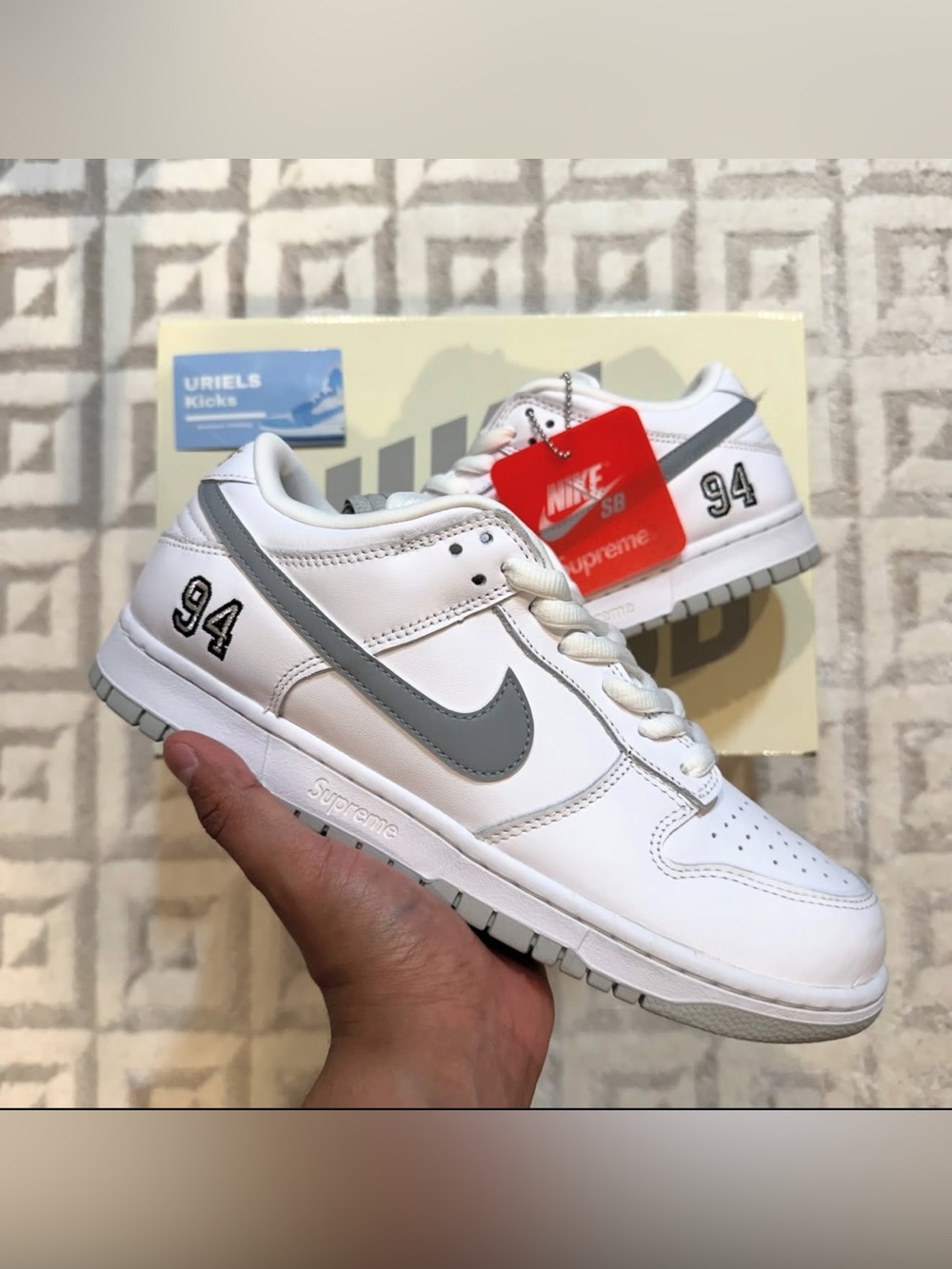 NWT Supreme Nike SB Dunk Low OG QS White Silver Sneakers Mens 9.5 FW25 AUTHENTIC